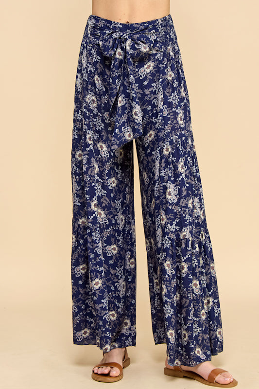 Floral Print Wide Leg Tiered Pants With Belt